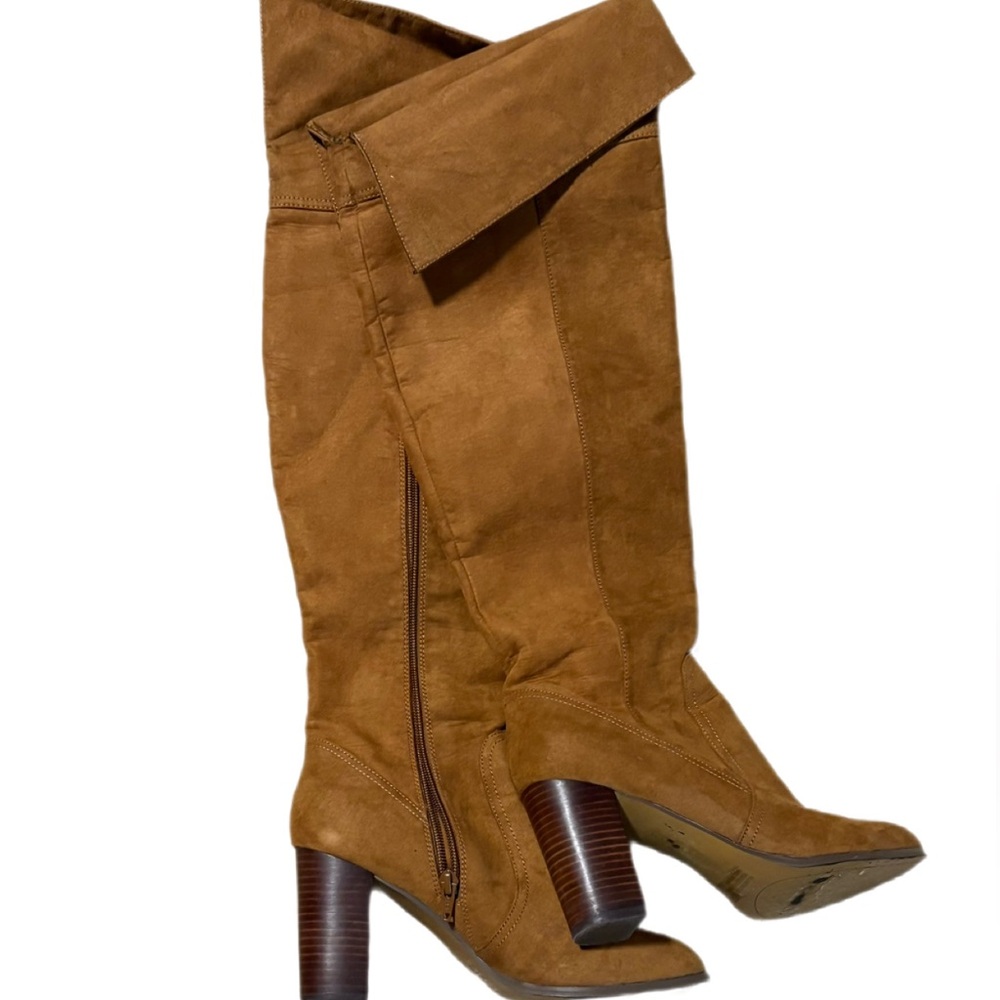 Raport Faux Suede Tall Foldover Boots Brown Block Heel Size 7.5 — Stylish & Chic